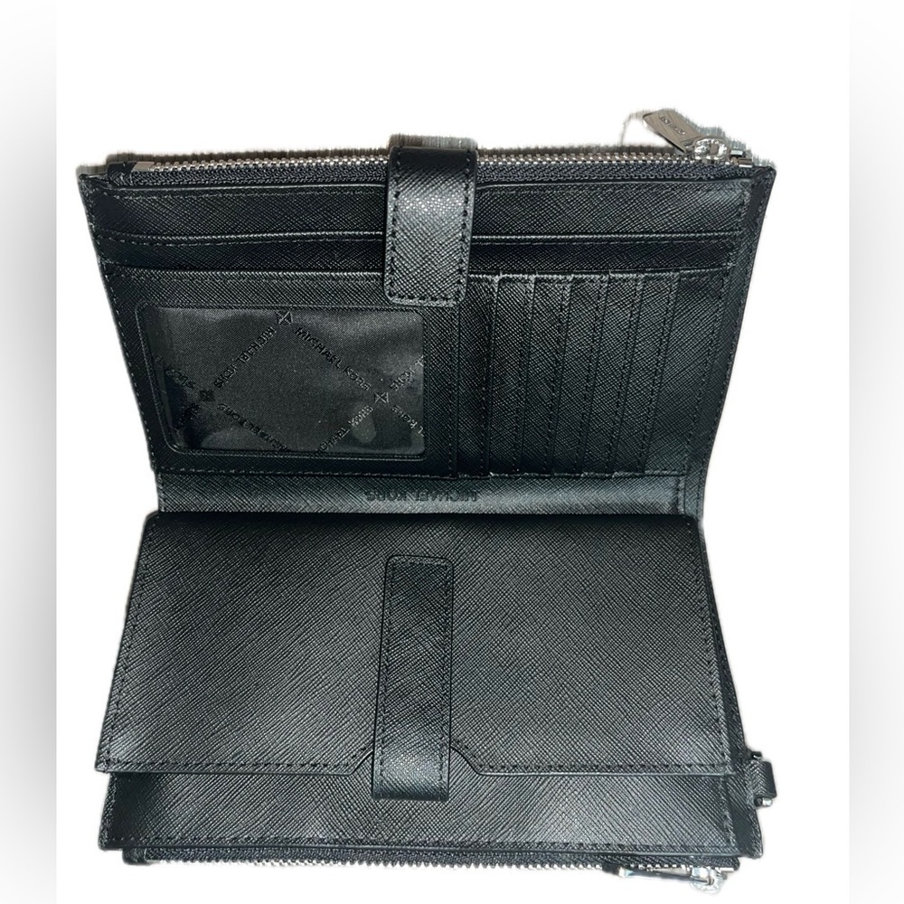 Michael Kors Black Leather Jet Set Double Zip Wallet Wristlet Silver-Tone Accent